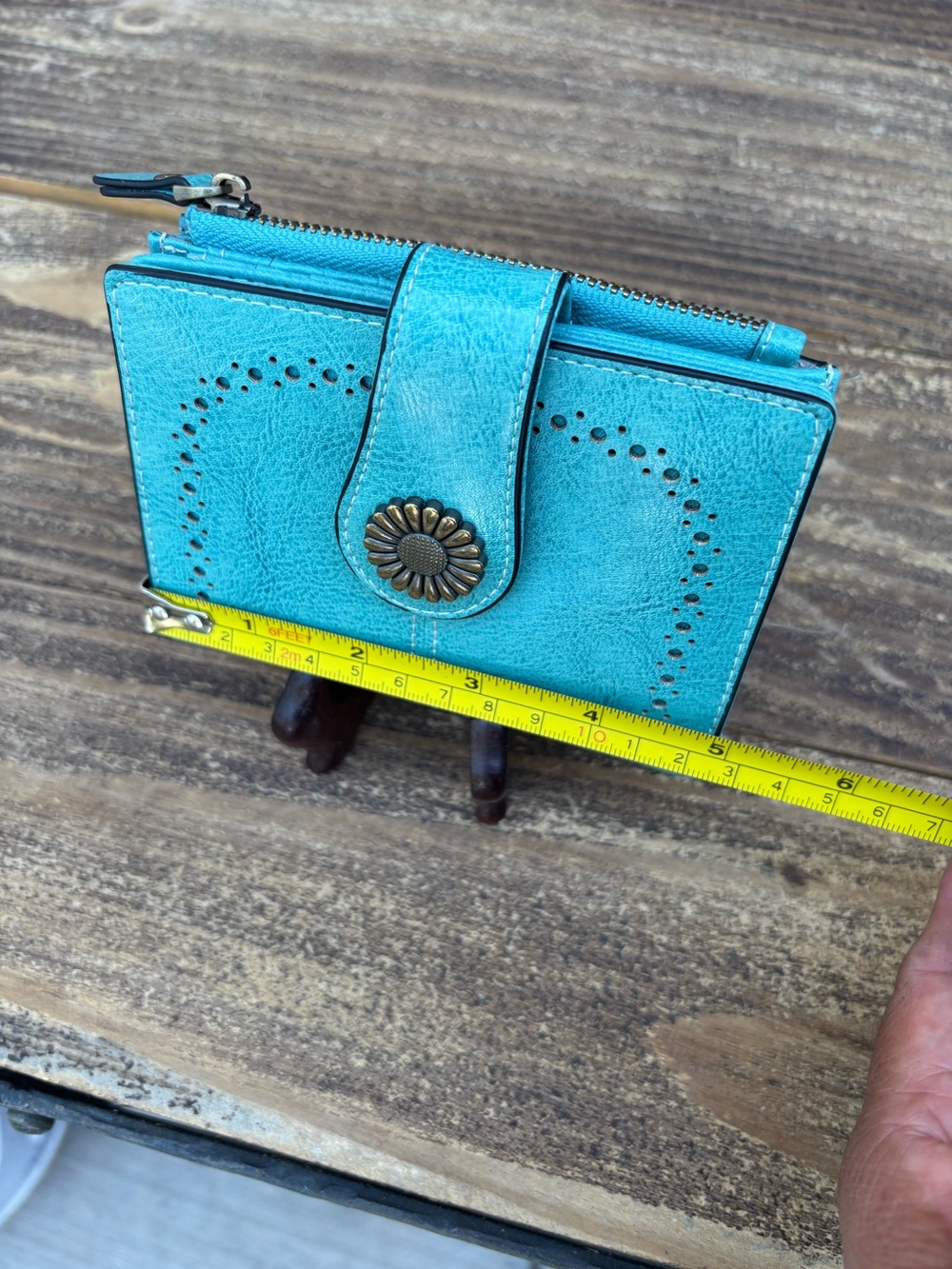 Women’s Teal Card Wallet with Flower Snap - Picture 6 of 7